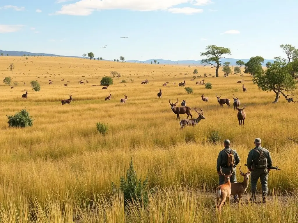 A scenic view of a wildlife reserve managed by ASSOCIATION COMMUNALE DE CHASSE AGREEE D'ORADOUR, showcasing diverse flora and fauna, with hunters responsibly monitoring the area.