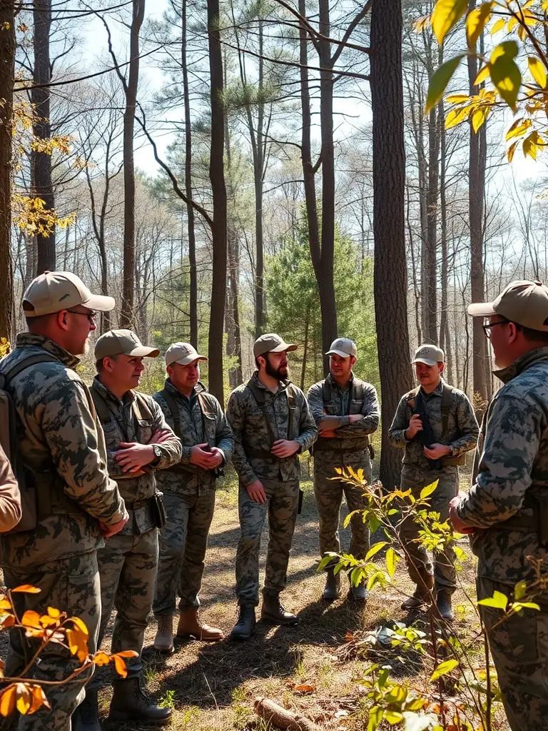 A photo of a group of hunters participating in a training session on ethical hunting practices, emphasizing the association's commitment to responsible and sustainable hunting.