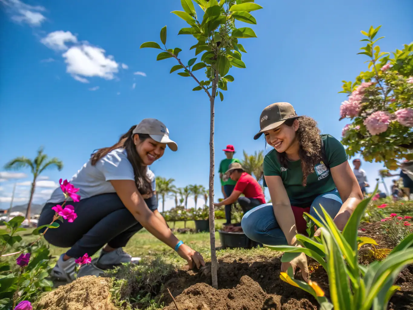 A group of volunteers planting trees in a deforested area, symbolizing habitat restoration efforts by ASSOCIATION COMMUNALE DE CHASSE AGREEE D'ORADOUR.