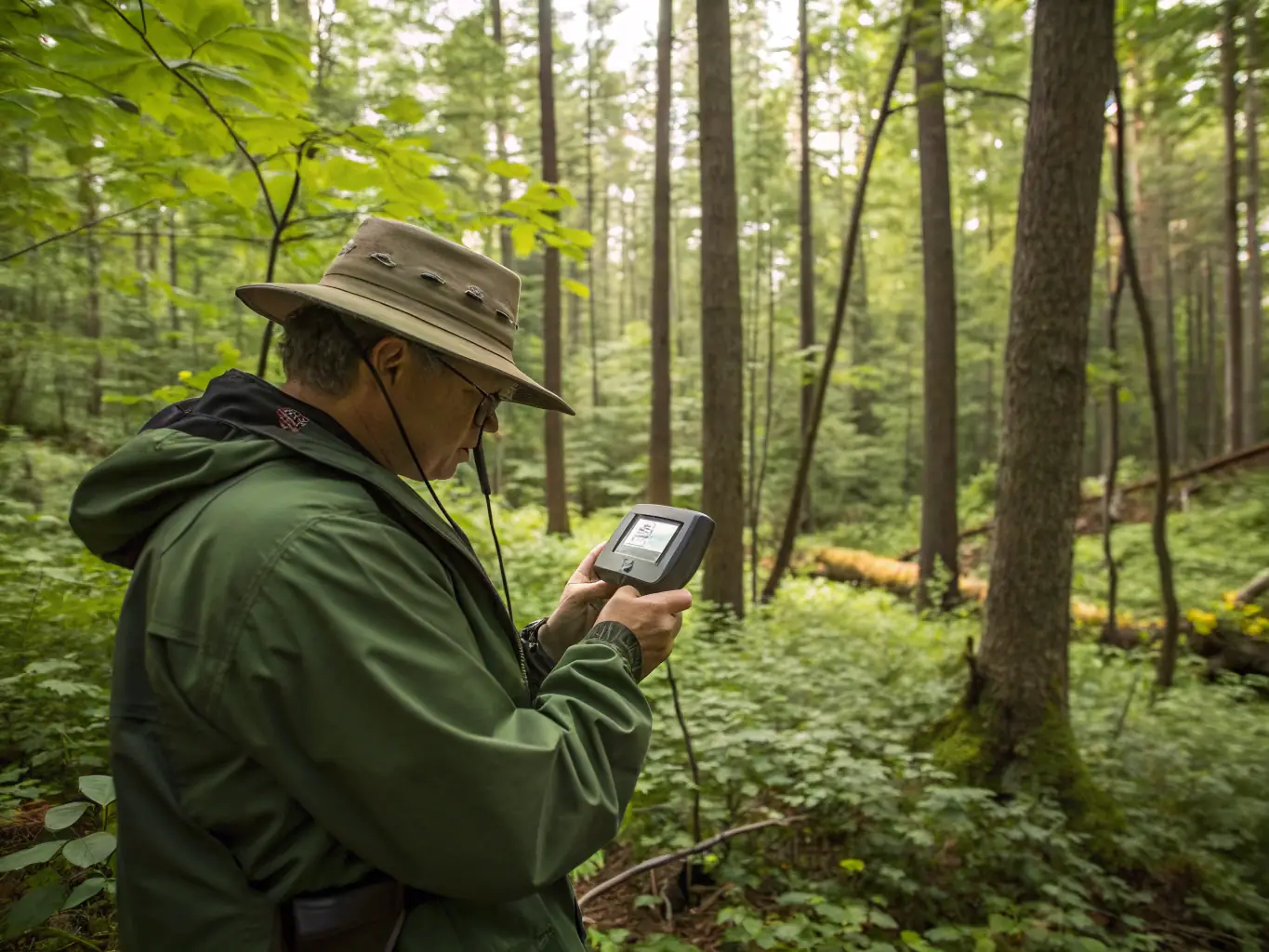 A wildlife biologist monitoring animal populations in a natural reserve, representing the wildlife management programs of ASSOCIATION COMMUNALE DE CHASSE AGREEE D'ORADOUR.