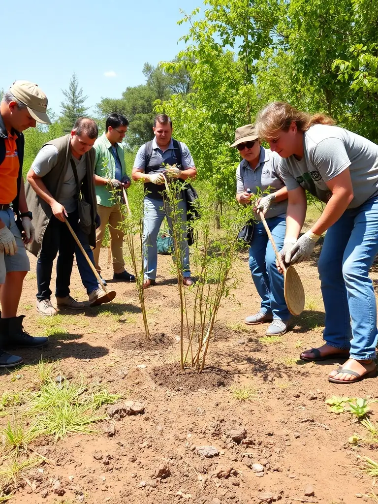 A photograph capturing a group of volunteers planting trees in a deforested area, symbolizing the association's commitment to habitat restoration and conservation.