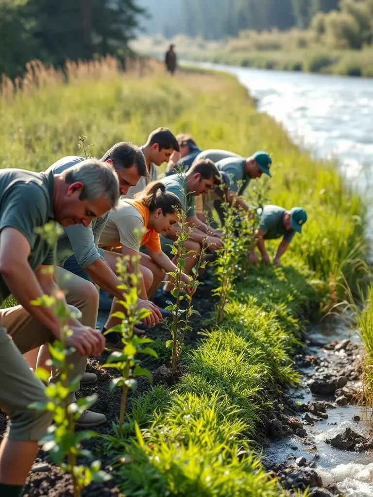 A photograph depicting a group of volunteers planting trees in a deforested area, illustrating the habitat restoration program of ASSOCIATION COMMUNALE DE CHASSE AGREEE D'ORADOUR.
